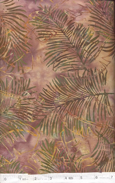 Here is a stunning fabric with olive green palm leaves on a soft multi color background in hues of pinks/tans.